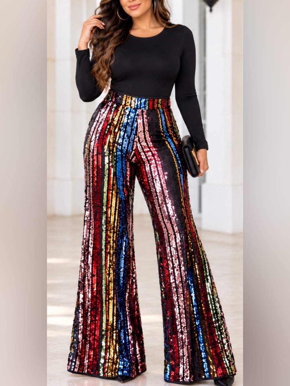 Sequin Stripe Wide-Leg Pants - Multicolor M (New Without Tag)